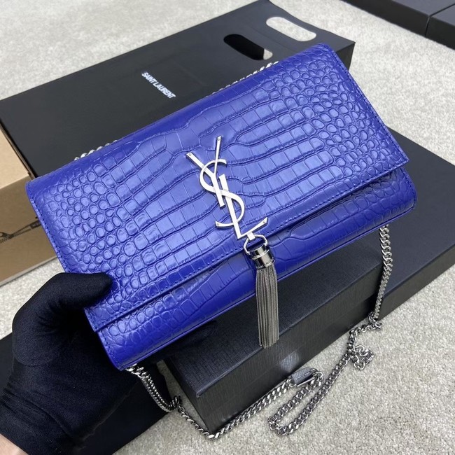 YSL KATE MEDIUM WITH TASSEL IN CROCODILE-EMBOSSED SHINY LEATHER B377829 blue