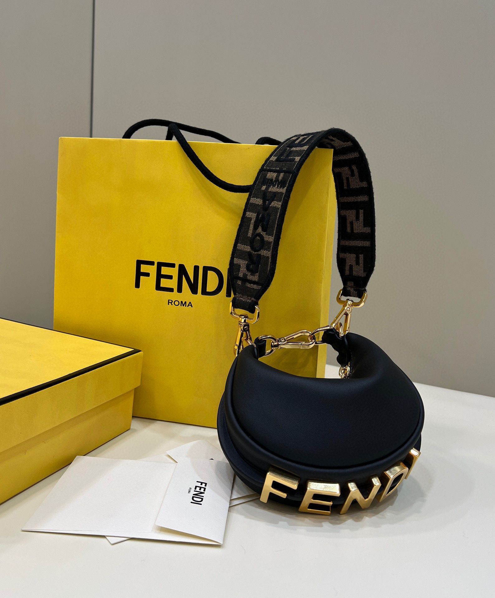 Fendi Praphy Original Leather Big FENDI Logo Small size and Medium size Bag 80056S Black