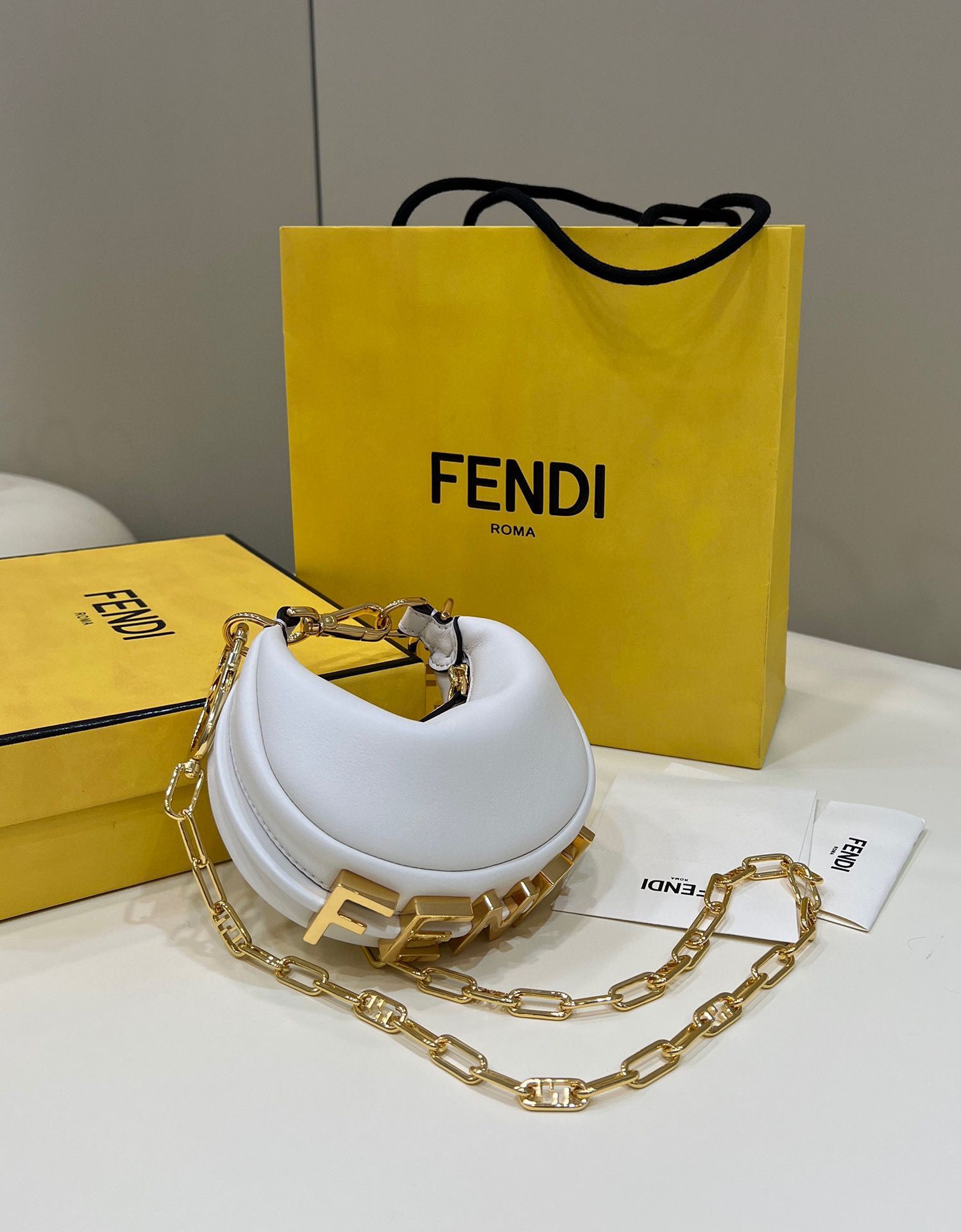 Fendi Praphy Original Leather Big FENDI Logo Mini Bag 80056S White