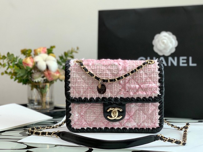 CHANEL Tweed Braided Calfskin & Gold-Tone Metal AS6075 pink