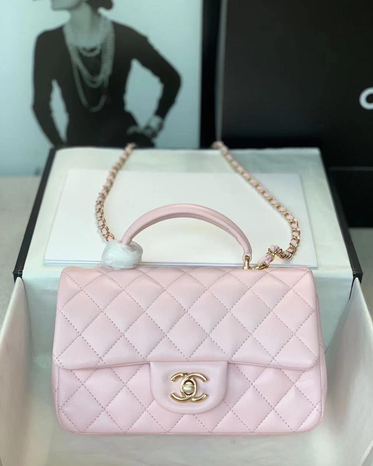 CHANEL mini flap bag with top handle AS2431 light pink