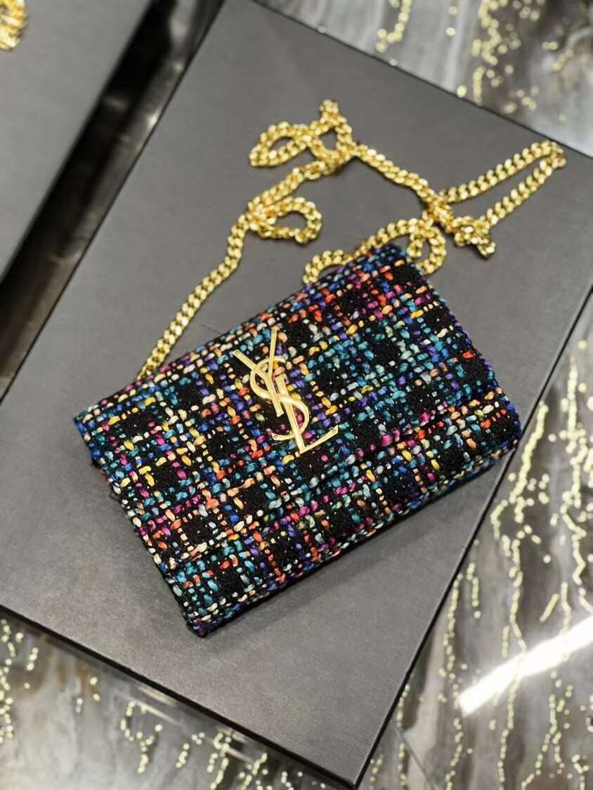 Yves Saint Laurent PUFFER SMALL BAG IN CHECKED TWEED AND LAMBSKIN 569930 multicolour