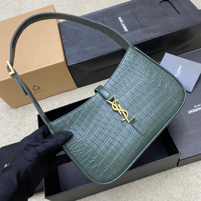 YSL LE 5 A 7 HOBO BAG IN CROCODILE-EMBOSSED SHINY LEATHER Y687228 blackish green