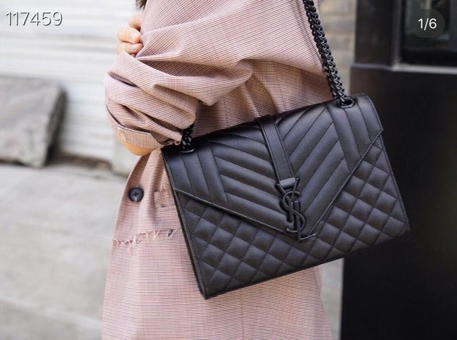 SAINT LAURENT ENVELOPE MEDIUM BAG IN MIX MATELASSe GRAIN DE POUDRE EMBOSSED LEATHER 600185 BLACK&BLACK