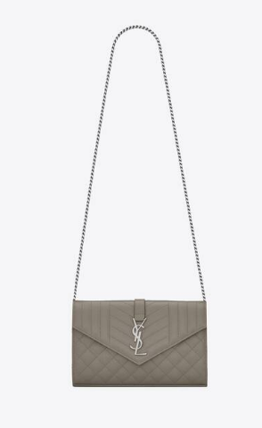 SAINT LAURENT MONOGRAM CHAIN WALLET IN MIX MATELASSE GRAIN DE POUDRE EMBOSSED LEATHER 620280 STONE GREY&SILVER