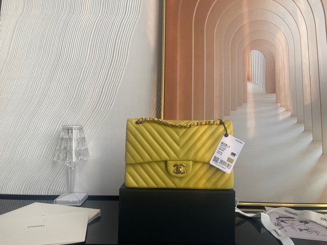 Chanel classic handbag Lambskin & gold Metal V01112 yellow