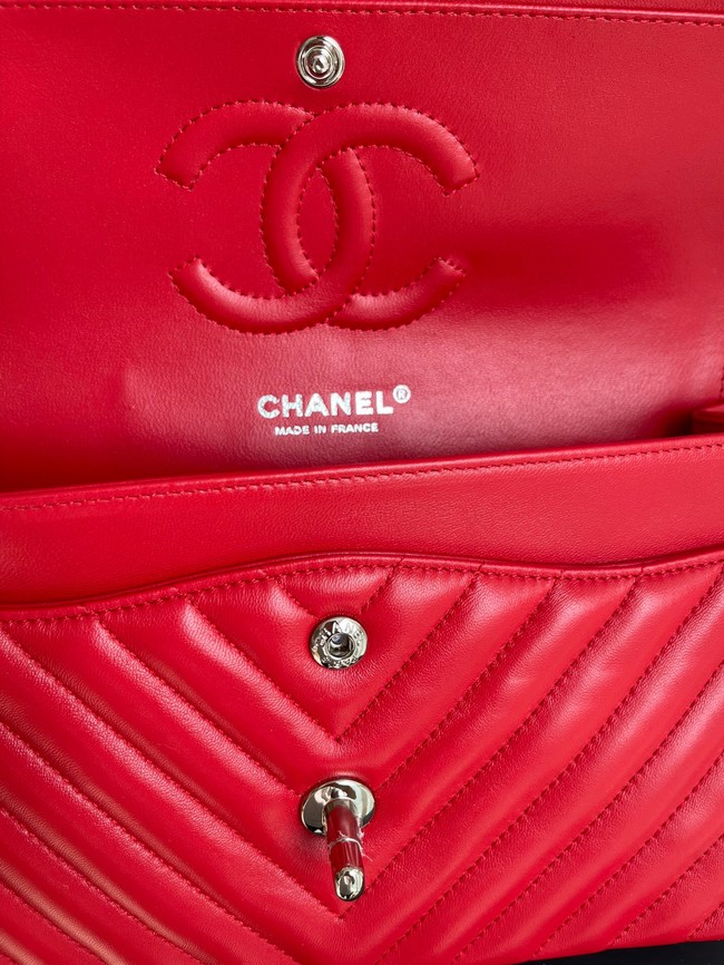 Chanel classic handbag Lambskin & silver Metal V01112 red