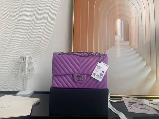 Chanel classic handbag Lambskin & silver Metal V01112 purple