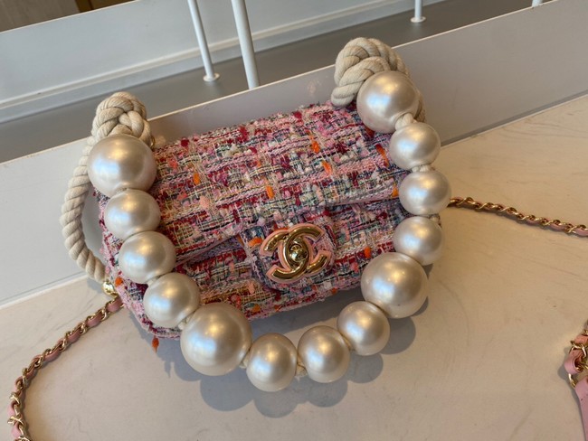 CHANEL Tweed Braided Sheepskin & Gold-Tone Metal AS0593 pink