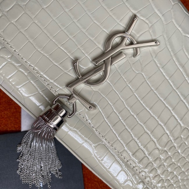 Yves Saint Laurent KATE CHAIN WALLET WITH TASSEL IN CROCODILE-EMBOSSED SHINY LEATHER 452159B WHITE