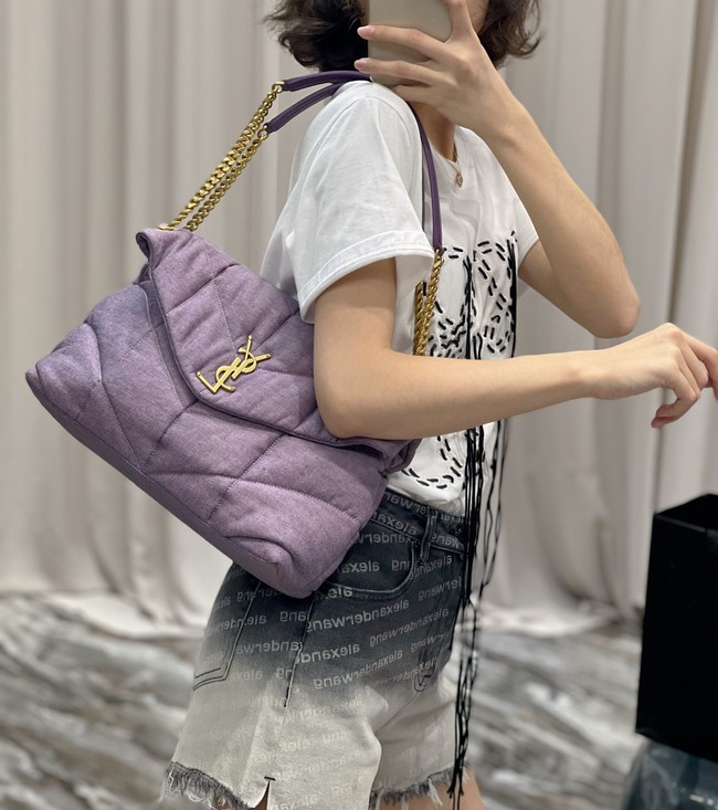 SAINT LAURENT PUFFER SMALL CHAIN BAG IN DENIM AND SMOOTH LEATHER 577476 BLEACHED LILAC