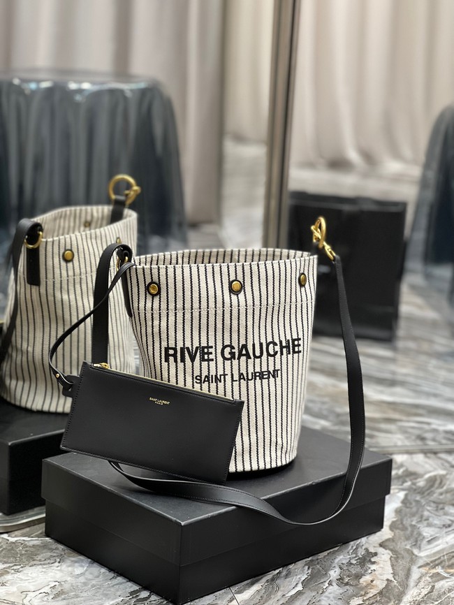 SAINT LAURENT RIVE GAUCHE BUCKET BAG IN STRIPED CANVAS AND LEATHER 669299 CREAM ET NOIR