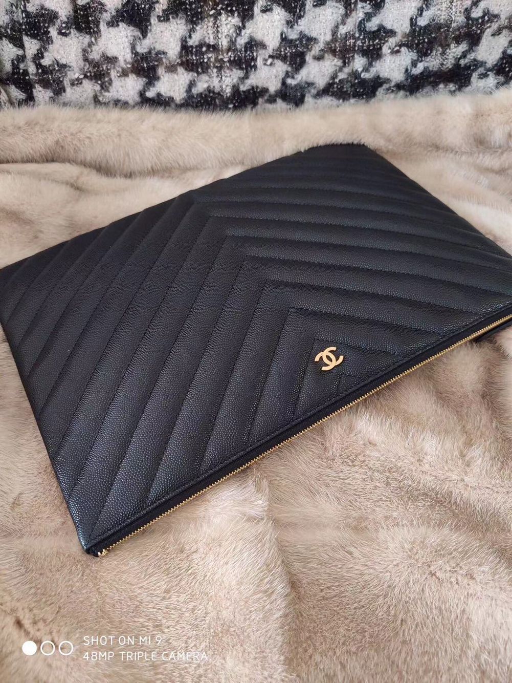 Chanel Clutch Bag Black Caviar Leather 7012 Gold