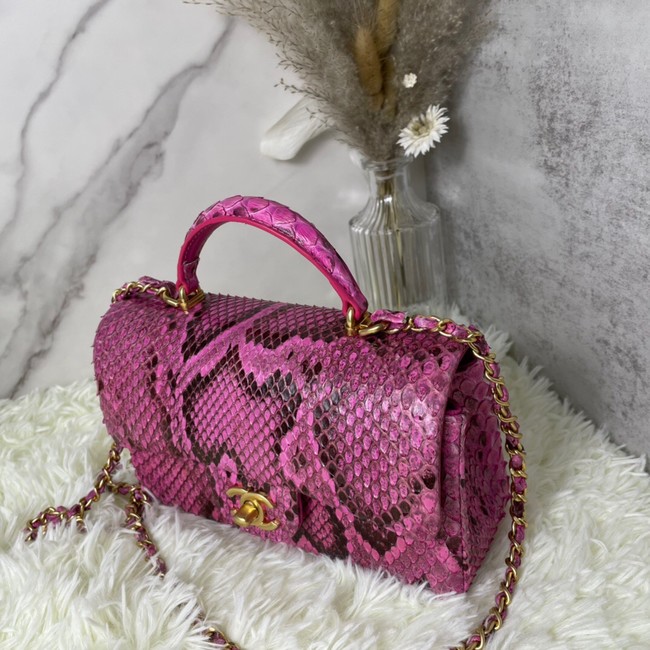 Chanel Snake skin mini flap bag with top handle AS2431 Fuchsia