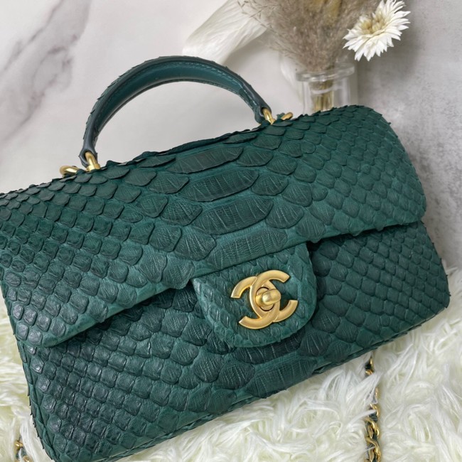 Chanel Snake skin mini flap bag with top handle AS2431 blackish green