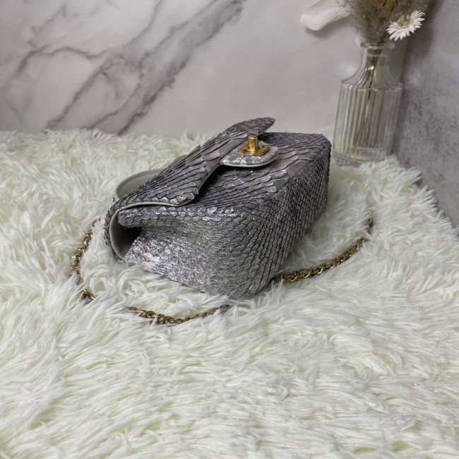 Chanel Snake skin mini flap bag with top handle AS2431 silver