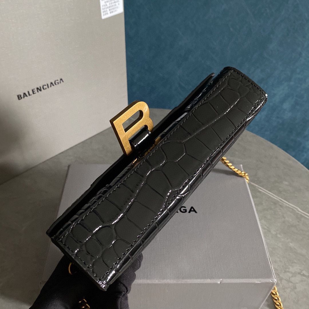 Balenciaga HOURGLASS Wallet With Chain Crocodile Embossed 656050 Black