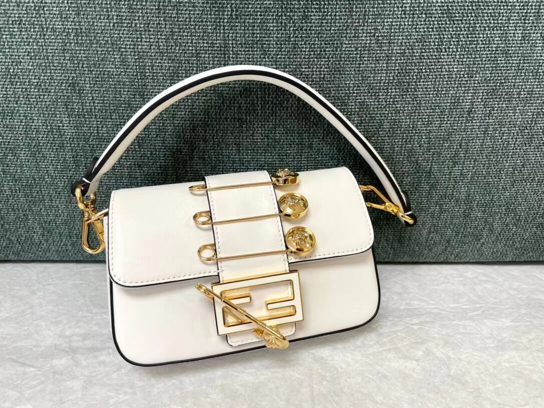 Fendi Brooch mini baguette Fendace leather bag 8BS066A white