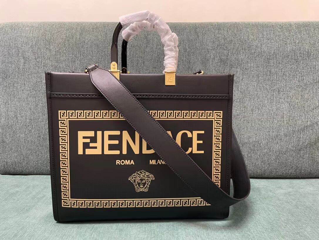 Fendi Sunshine Medium Fendace Printed black leather Logo shopper 8BH386A