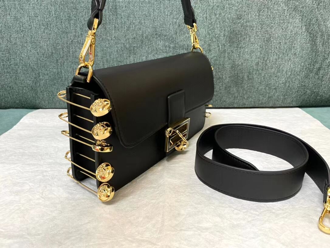 Fendi Baguette brooch Fendace Black leather bag 8BR801