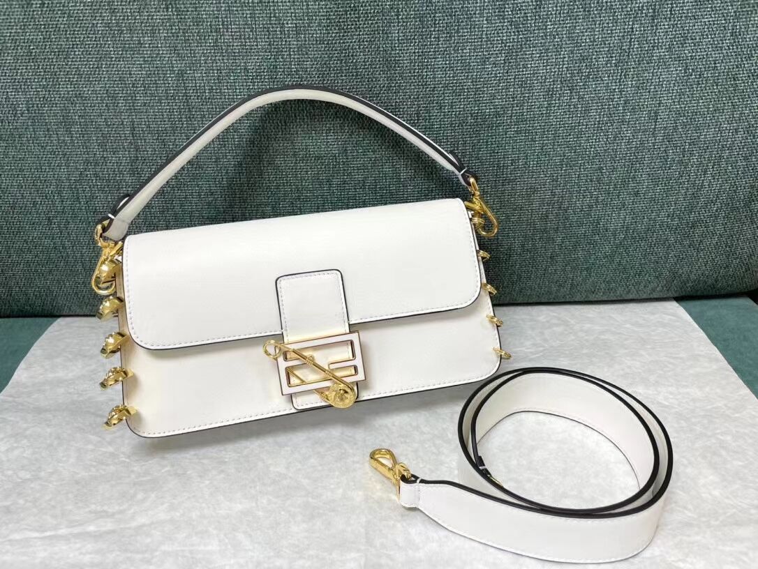 Fendi Baguette brooch Fendace white leather bag 8BR801