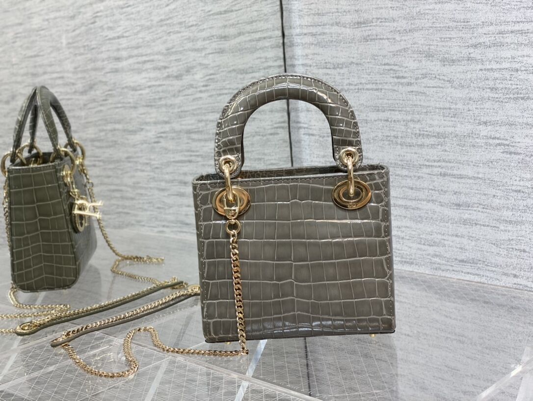 MINI LADY DIOR BAG Cannage crocodile Calfskin C0966 gray