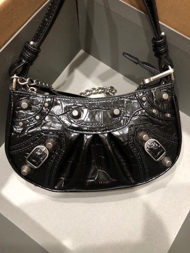 Balenciaga LE CAGOLE MINI PURSE WITH CHAIN CROCODILE EMBOSSED 9016 black