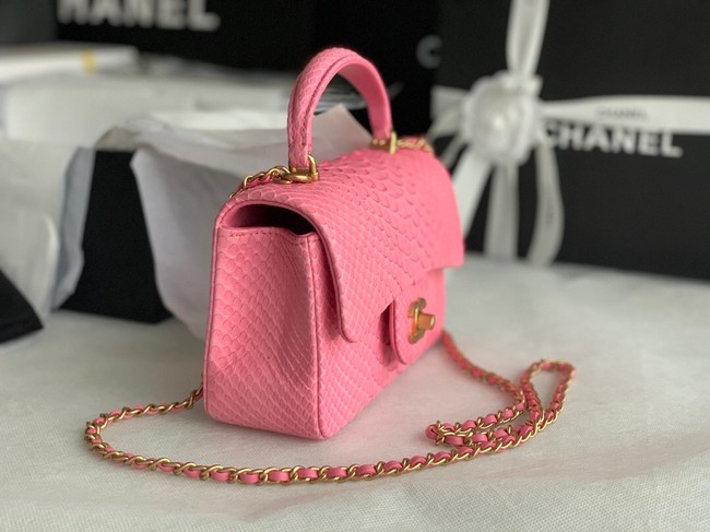 Chanel Snake skin mini flap bag with top handle AS2431 pink