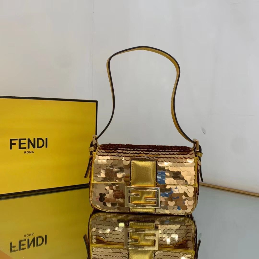 Fendi FF Baguette mini Gold Metal Sequin Embroidery Bag 2016 Gold