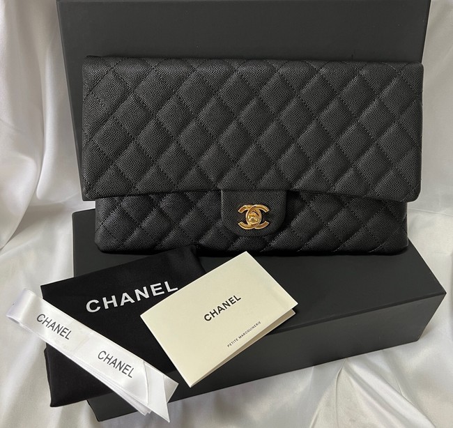 Chanel Clutch Bag Black Caviar Leather 7013 Gold