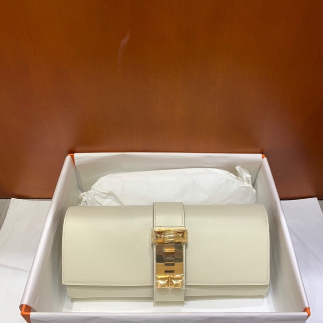 Hermes H Medor swift Leather Clutch 37566 white&Gold hardware