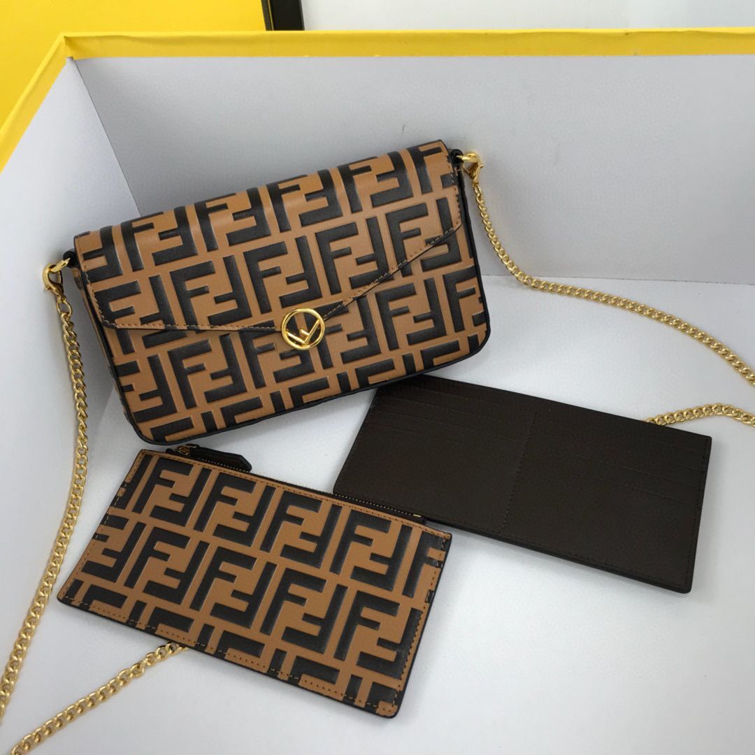 FENDI CHAIN FF Original Leather bag 8841 Brown