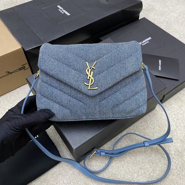 SAINT LAURENT PUFFER SMALL CHAIN BAG IN DENIM AND SMOOTH LEATHER 392255 BLUE