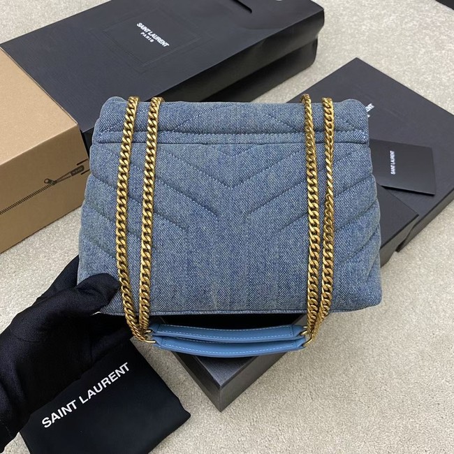 SAINT LAURENT PUFFER SMALL CHAIN BAG IN DENIM AND SMOOTH LEATHER 392277 BLUE