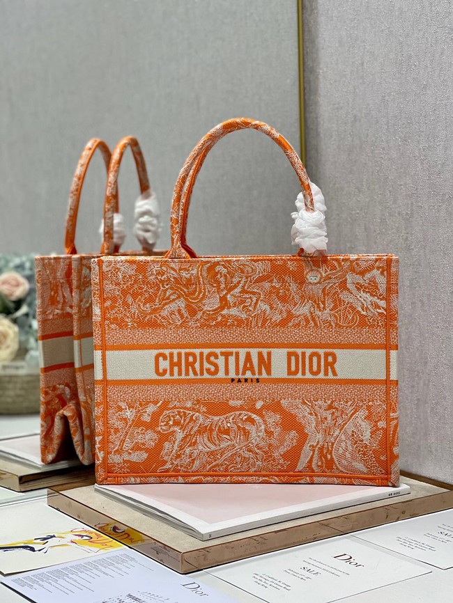 MEDIUM DIOR BOOK TOTE Fluorescent Orange Toile de Jouy Reverse Embroidery M1296ZROC