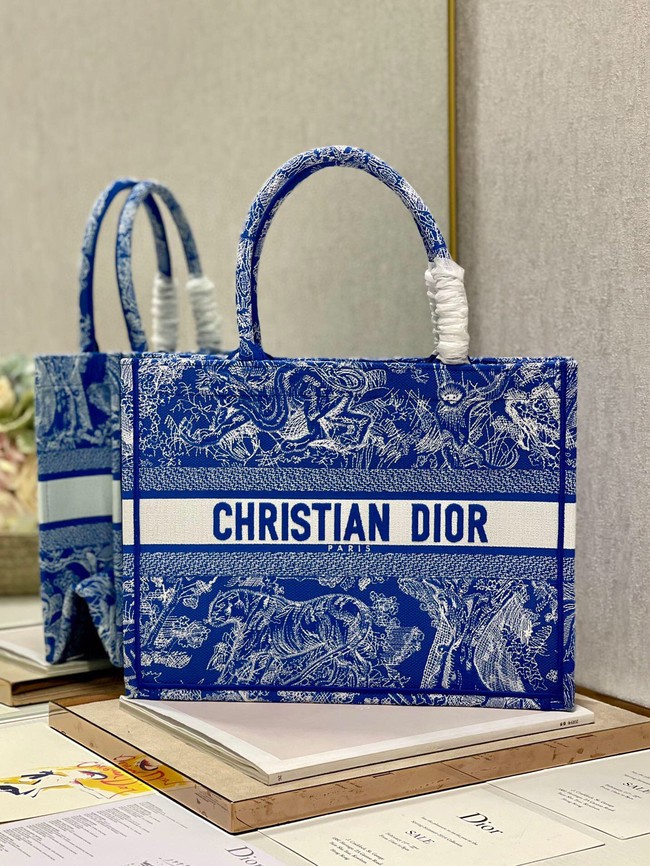 MEDIUM DIOR BOOK TOTE Fluorescent Blue Toile de Jouy Reverse Embroidery M1296ZROC