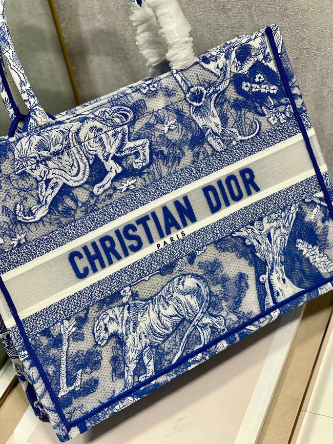 MEDIUM DIOR BOOK TOTE Fluorescent Blue Toile de Jouy Reverse Embroidery M1296ZROC