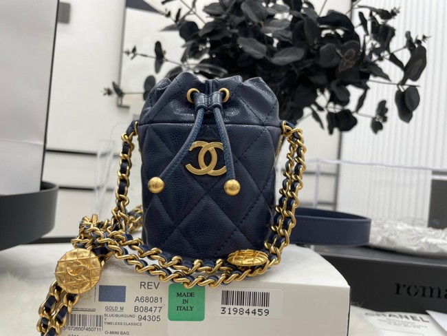 Chanel Drawstring Bag & Gold Metal A68081 dark blue