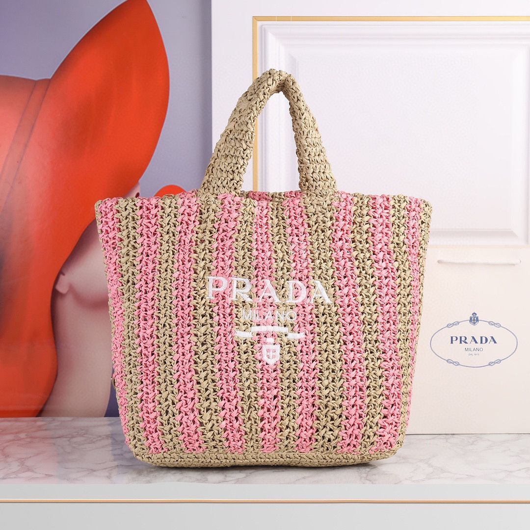 Prada Openwork Straw Tote Bag A20270 Pink