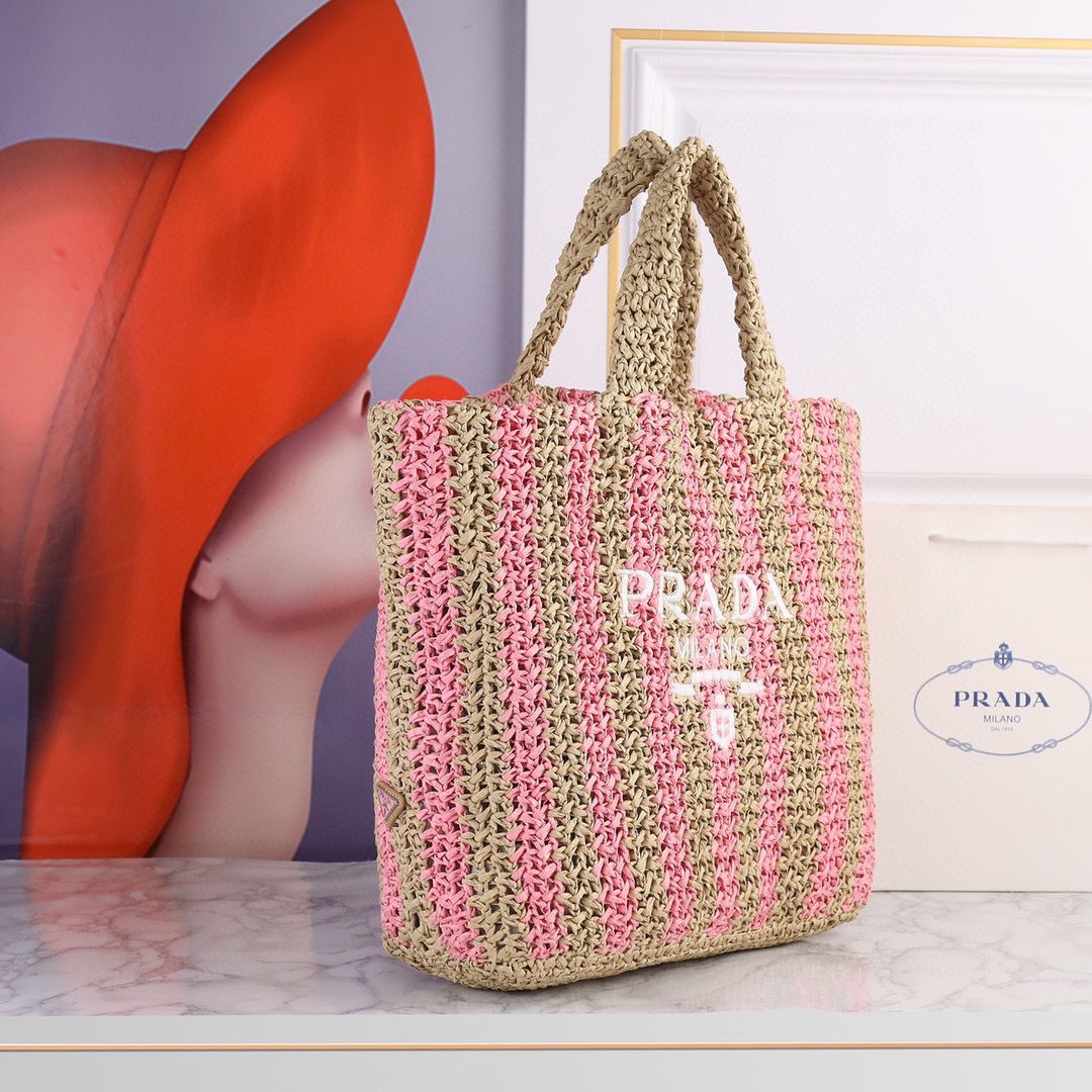 Prada Openwork Straw Tote Bag A20270 Pink