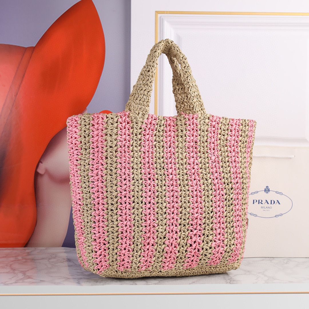 Prada Openwork Straw Tote Bag A20270 Pink