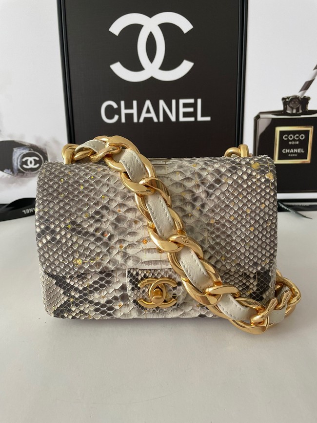 Chanel SMALL FLAP BAG Snakeskin & Gold-Tone Metal AS3214 gray