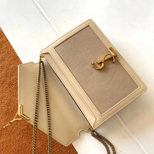 SAINT LAURENT CASSANDRA MEDIUM CHAIN BAG IN CANVAS AND BOX SAINT LAURENT LEATHER 532750 BEIGE ET SEA SALT