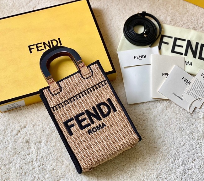 FENDI Mini Sunshine Shopper FF raffia mini-bag 8BS051A black