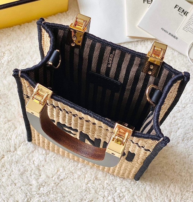 FENDI Mini Sunshine Shopper FF raffia mini-bag 8BS051A black