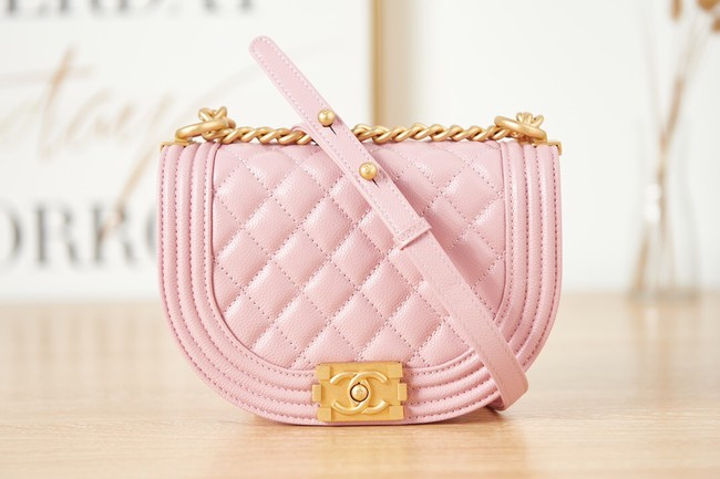 SMALL BOY CHANEL MESSENGER BAG Grained Calfskin & Gold-Tone Metal AS3350 pink