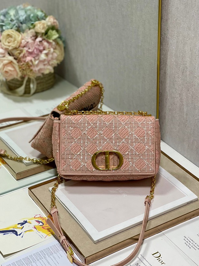 MEDIUM DIOR CARO BAG Macrocannage Tweed Embroidery M9242 pink