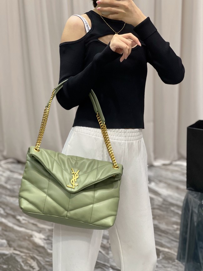 Yves Saint Laurent LOULOU PUFFER MEDIUM BAG IN QUILTED CRINKLED MATTE LEATHER Y577475 LIGHT GREEN