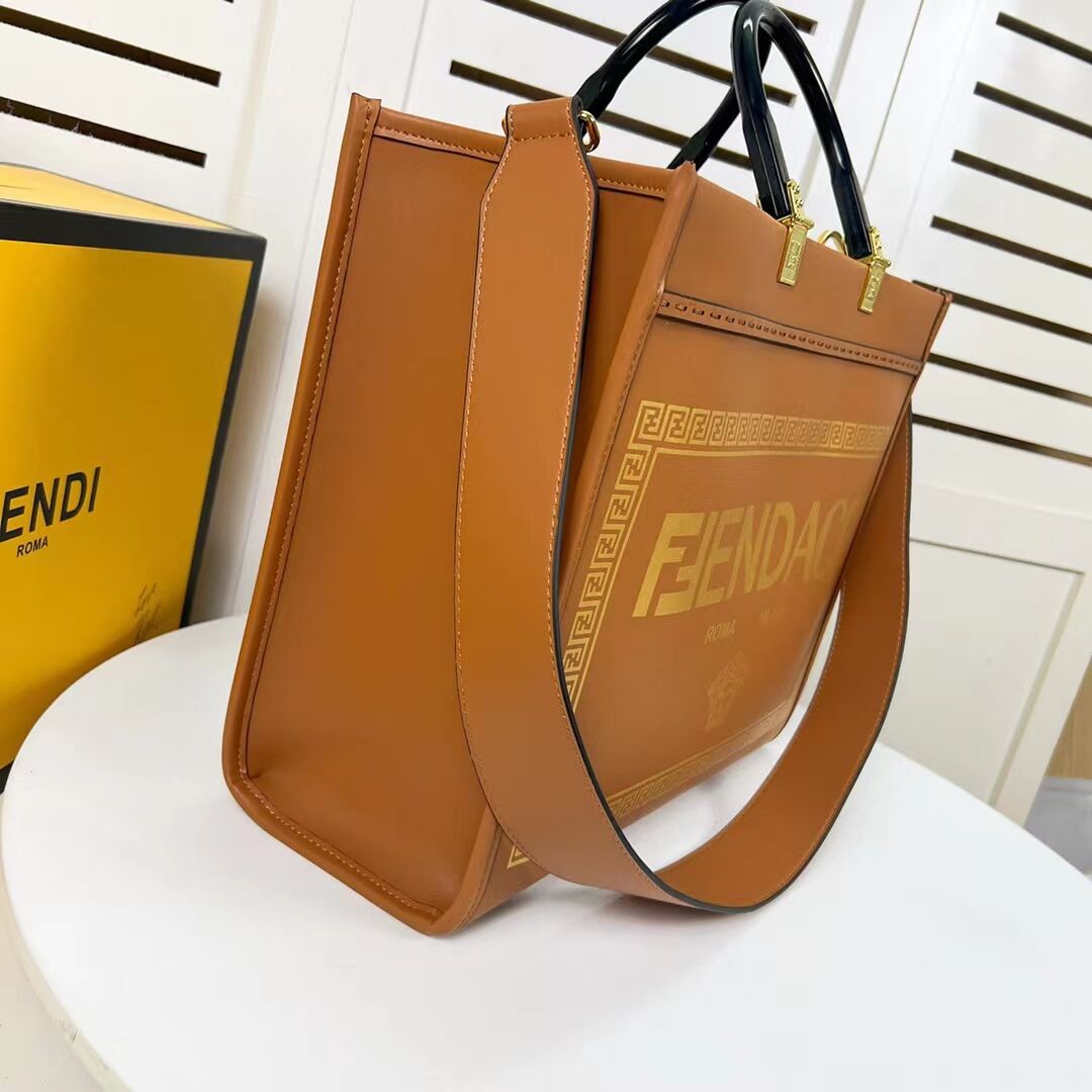 Fendi Sunshine Medium Fendace Printed leather Logo shopper 8BH386A brown