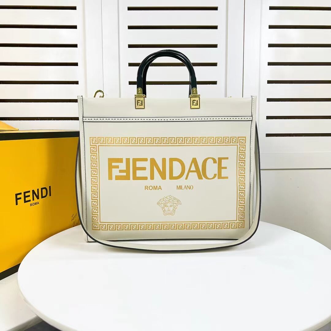 Fendi Sunshine Medium Fendace Printed leather Logo shopper 8BH386A white